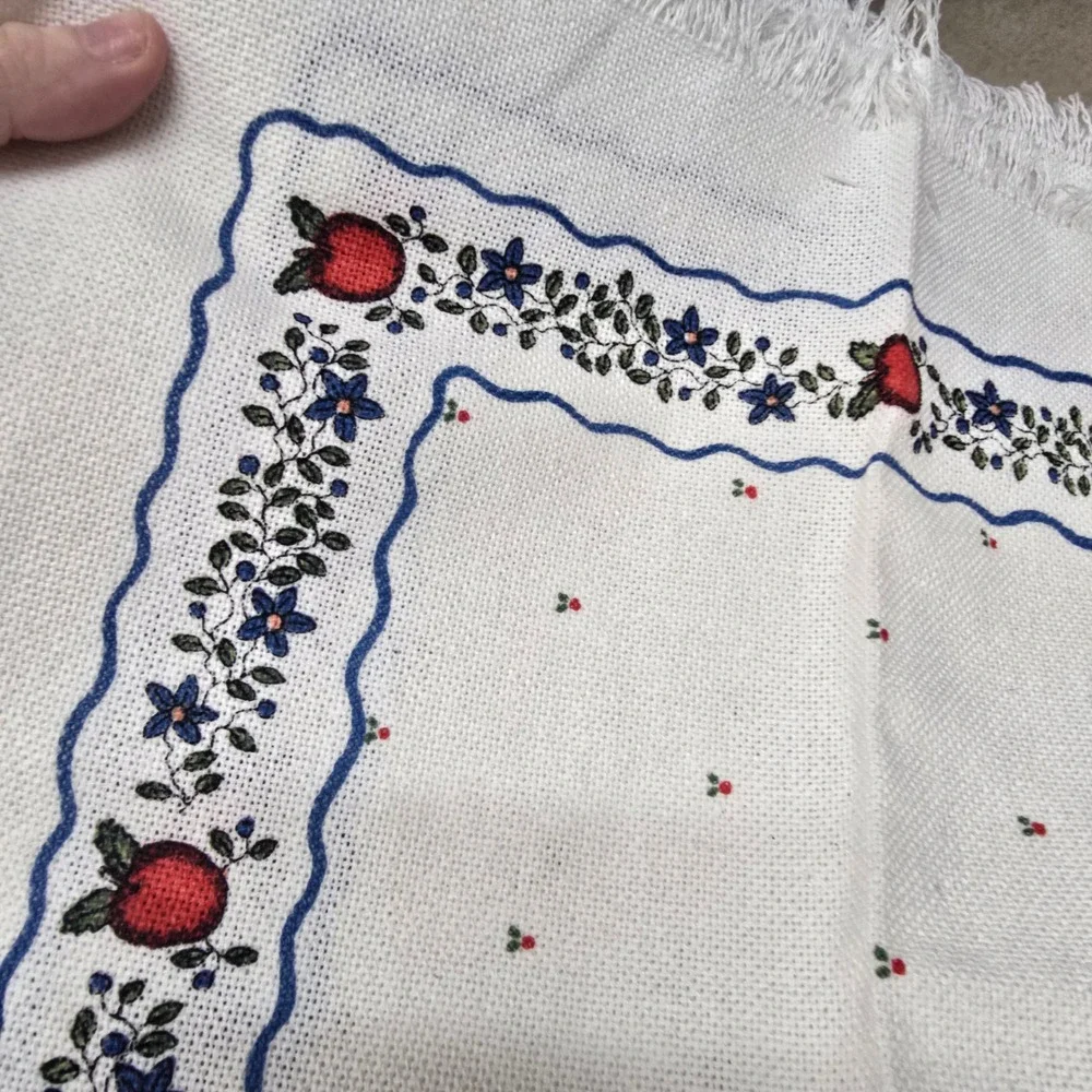 Vintage Square Table Topper‎ White Fringed Apple Blue Floral Cross Stitch 16x16
